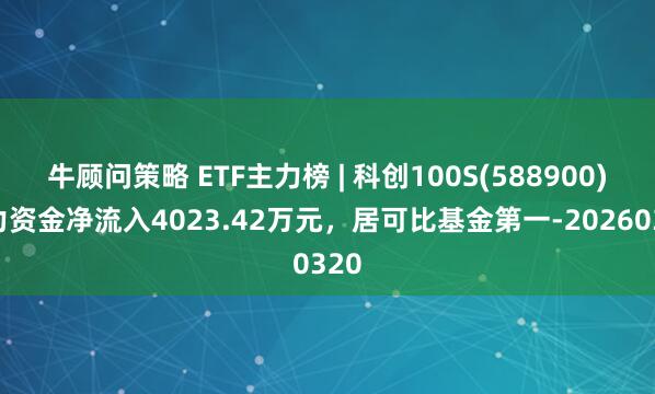 牛顾问策略 ETF主力榜 | 科创100S(588900)主力资金净流入4023.42万元，居可比基金第一-20260320